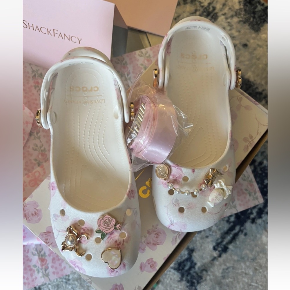 9 LoveShackFancy x crocs oyster ballet flats with satin ribbons new pink floral